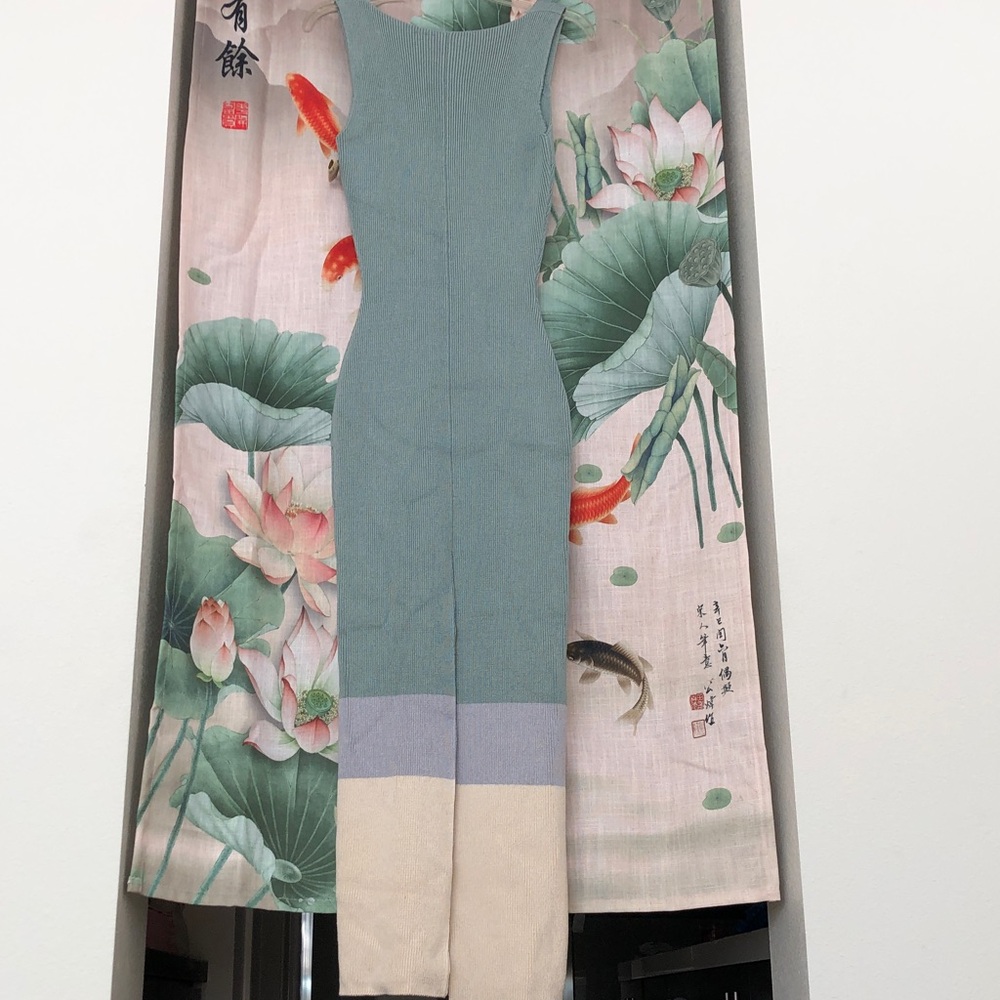 Vintage Sleeveless Maxi Knit Dress in Sage Green with Colorblock Hem - Picture 6 of 11